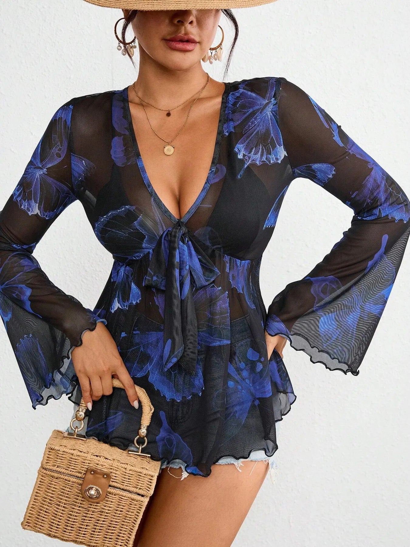 Tie-Front Flare Sleeve Blouse NicholesGifts