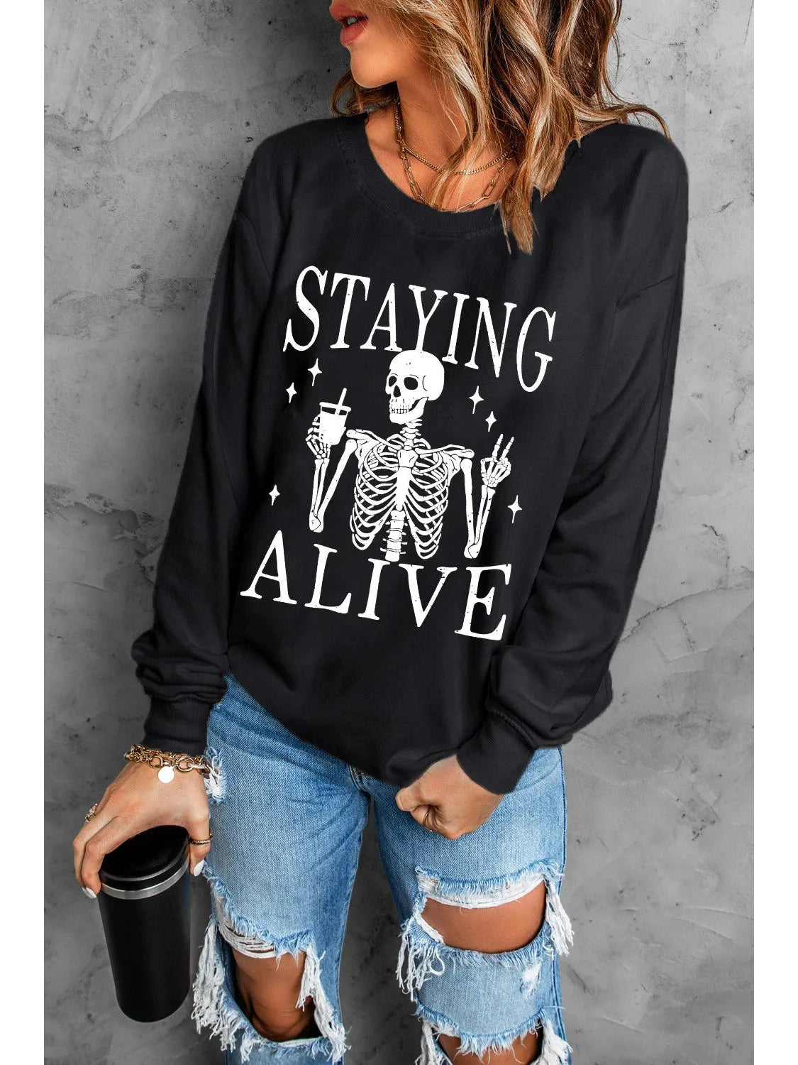 Skull Graphic Round Neck Long Sleeve Sweatshirt nicholesgifts