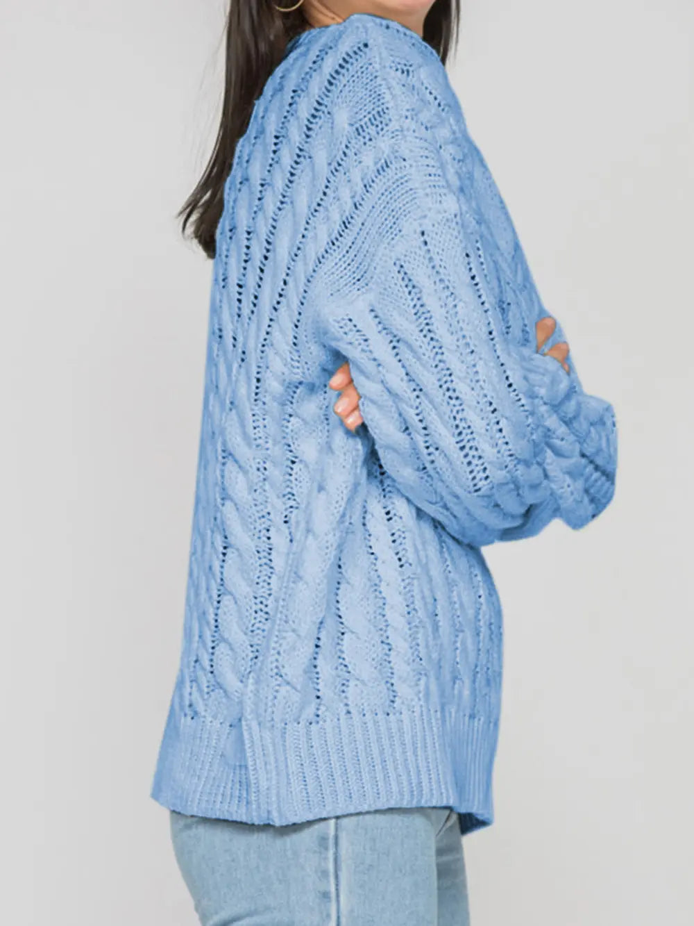 Openwork Round Sleeve Cable-Knit Sweater Trendsi