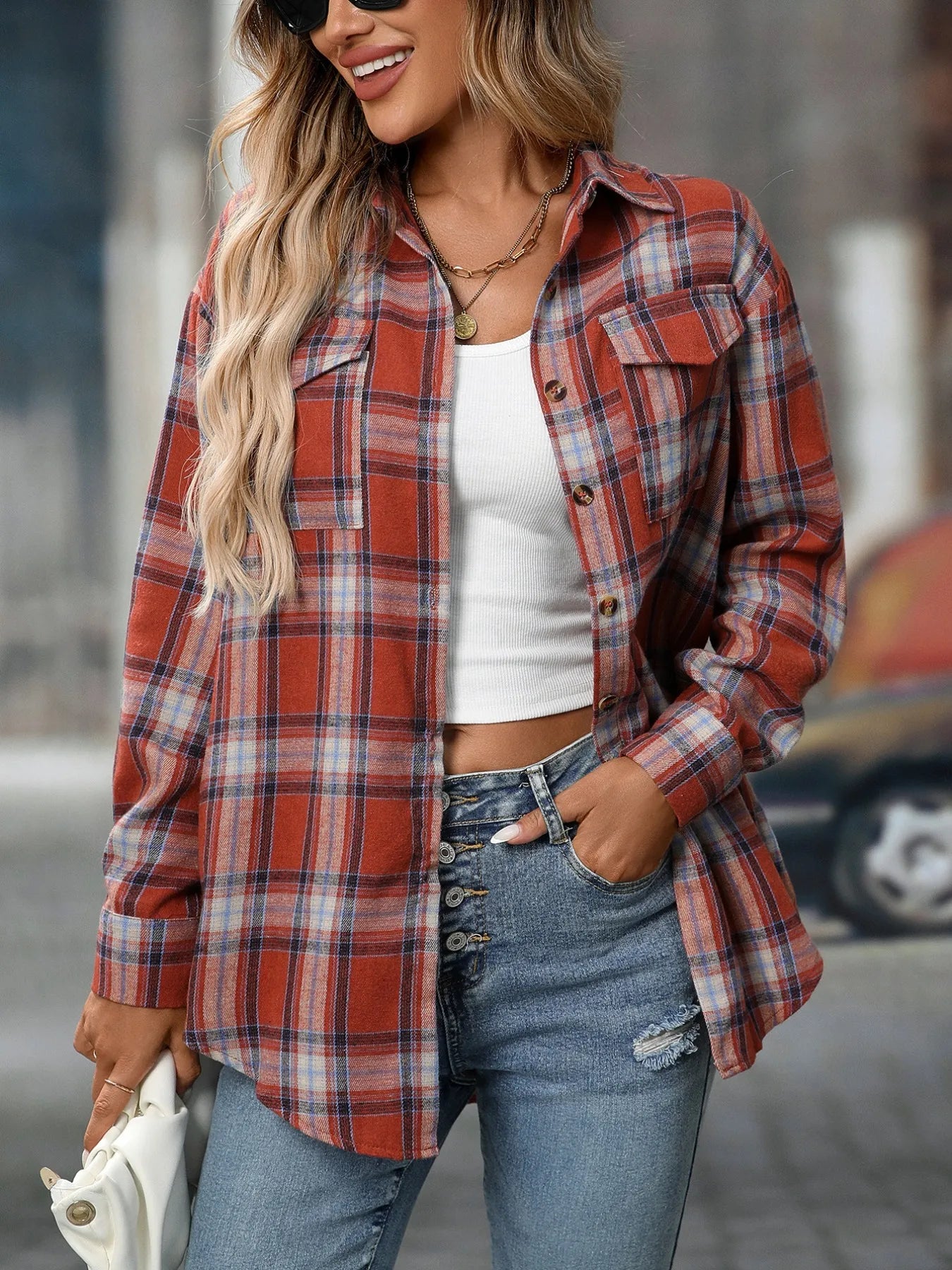 Plaid Button-Down Oversized Shirt Trendsi