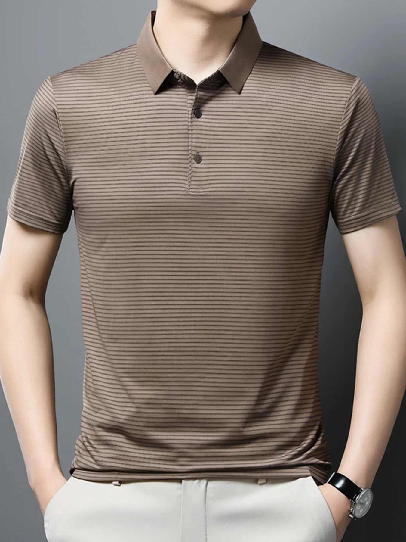 Men's Plus Size Classic Striped Business Casual Polo Shirt NicholesGifts