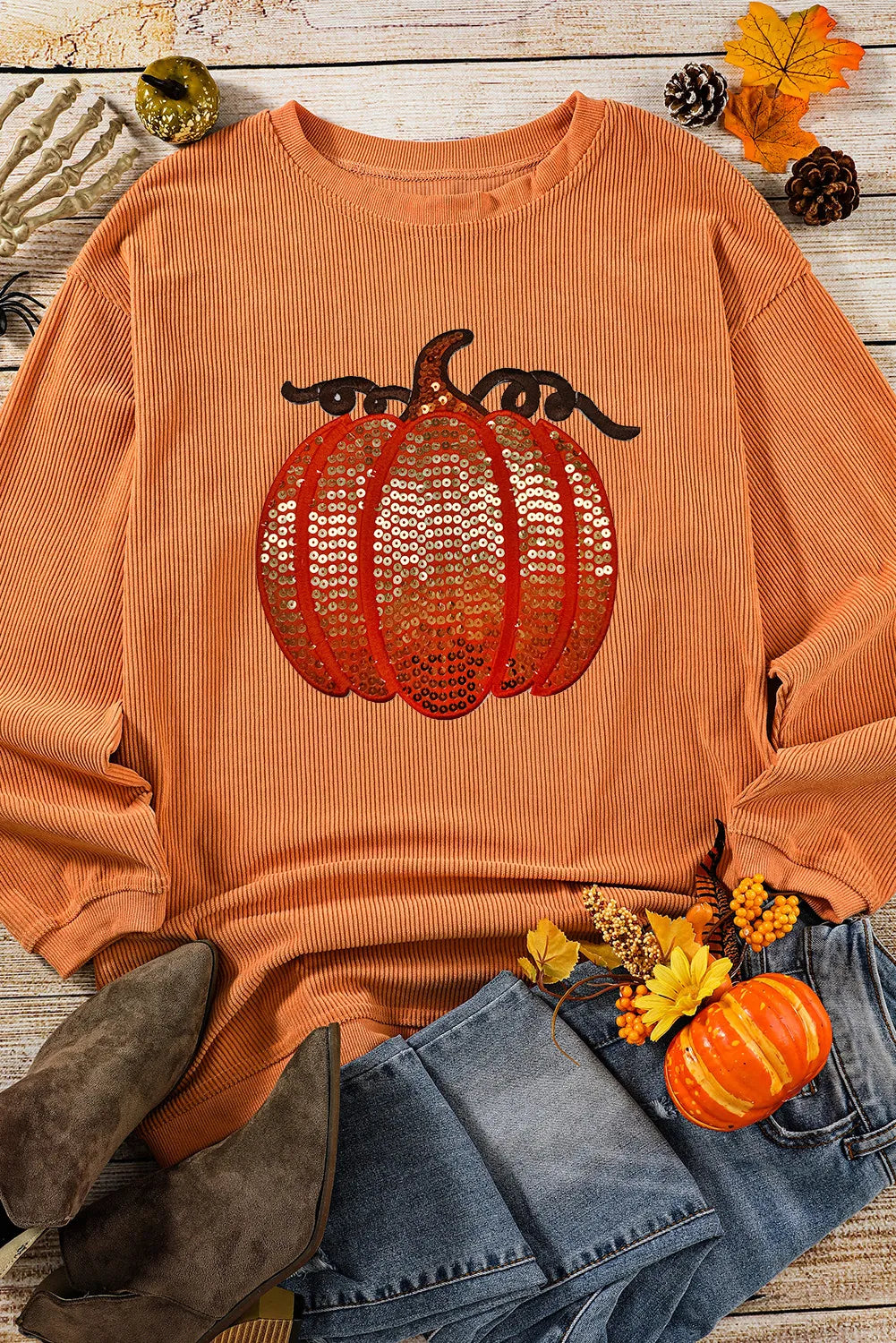 Sequin Pumpkin Round Neck Long Sleeve Sweatshirt NicholesGifts
