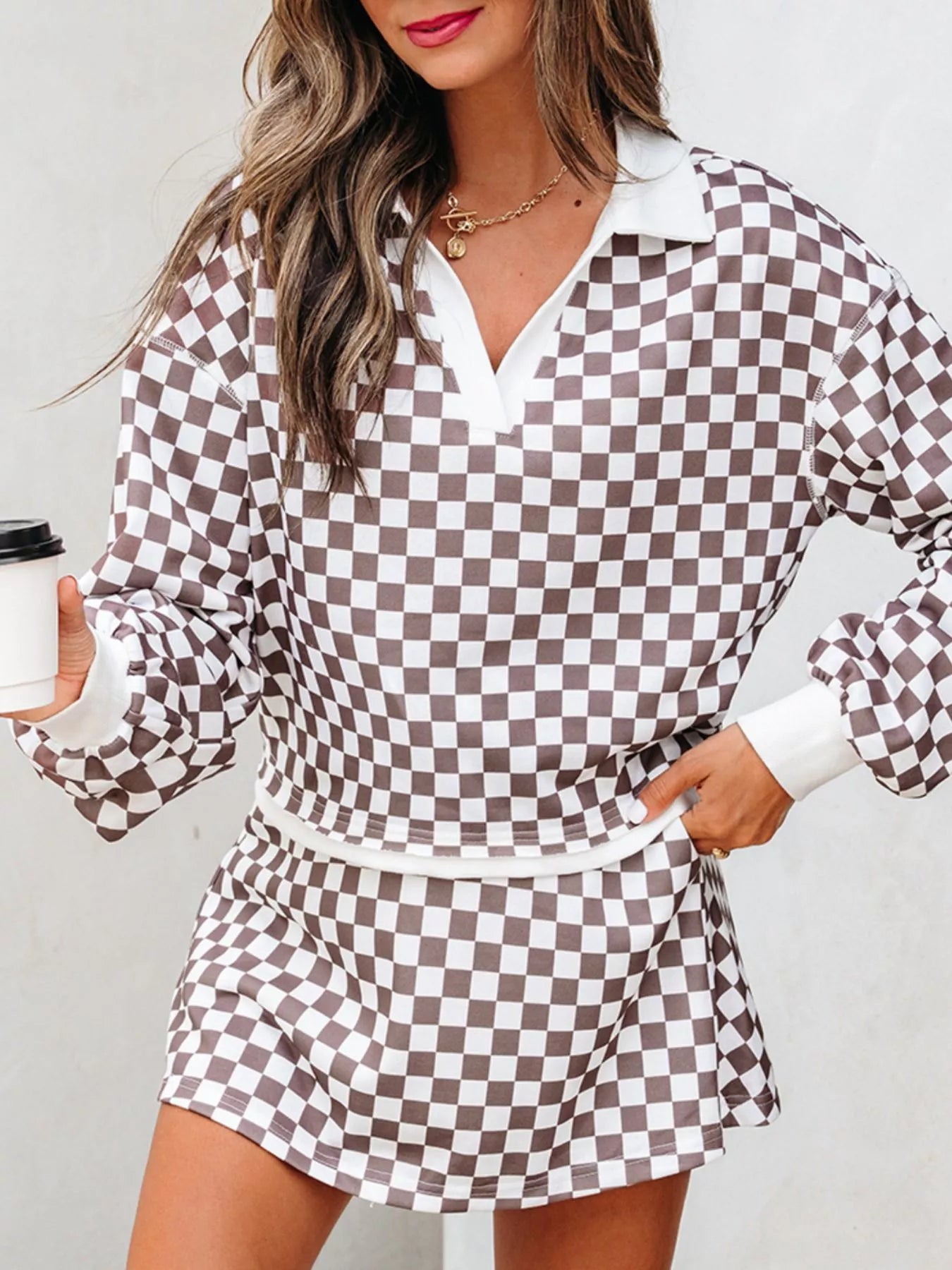 Checkered Print Polo Collar Cropped Long Sleeve Top and Drawstring Mini Skirt Set Trendsi