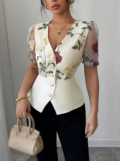 Floral Print V-Neck Button-Up Shirt nicholesgifts