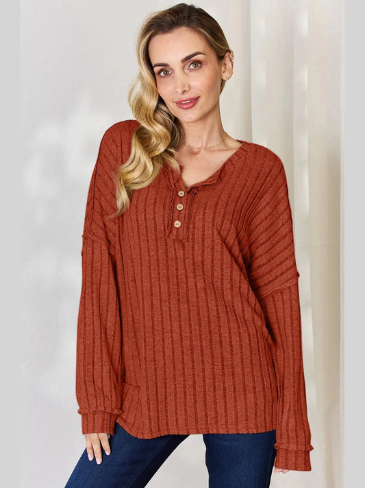 Basic Bae Full Size Ribbed Half Button Long Sleeve T-Shirt nicholesgifts