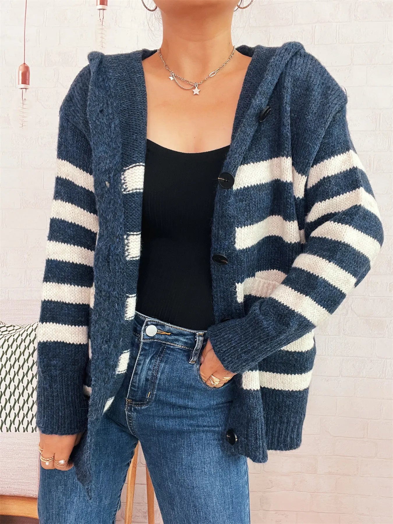 Striped Button-Up Hooded Cardigan