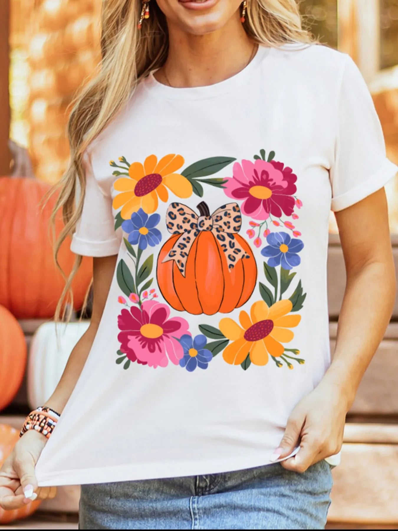 Pumpkin Floral Graphic Round Neck T-Shirt Trendsi
