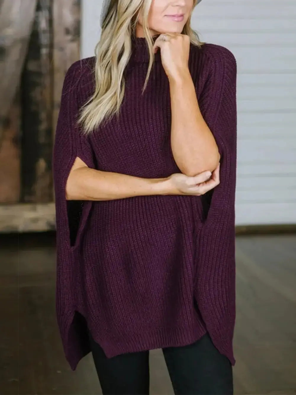 Turtleneck Slit Sweater Trendsi