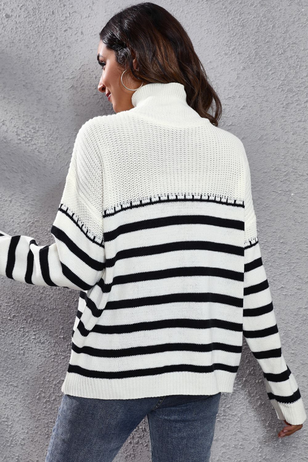 Striped Turtleneck Drop Shoulder Sweater nicholesgifts
