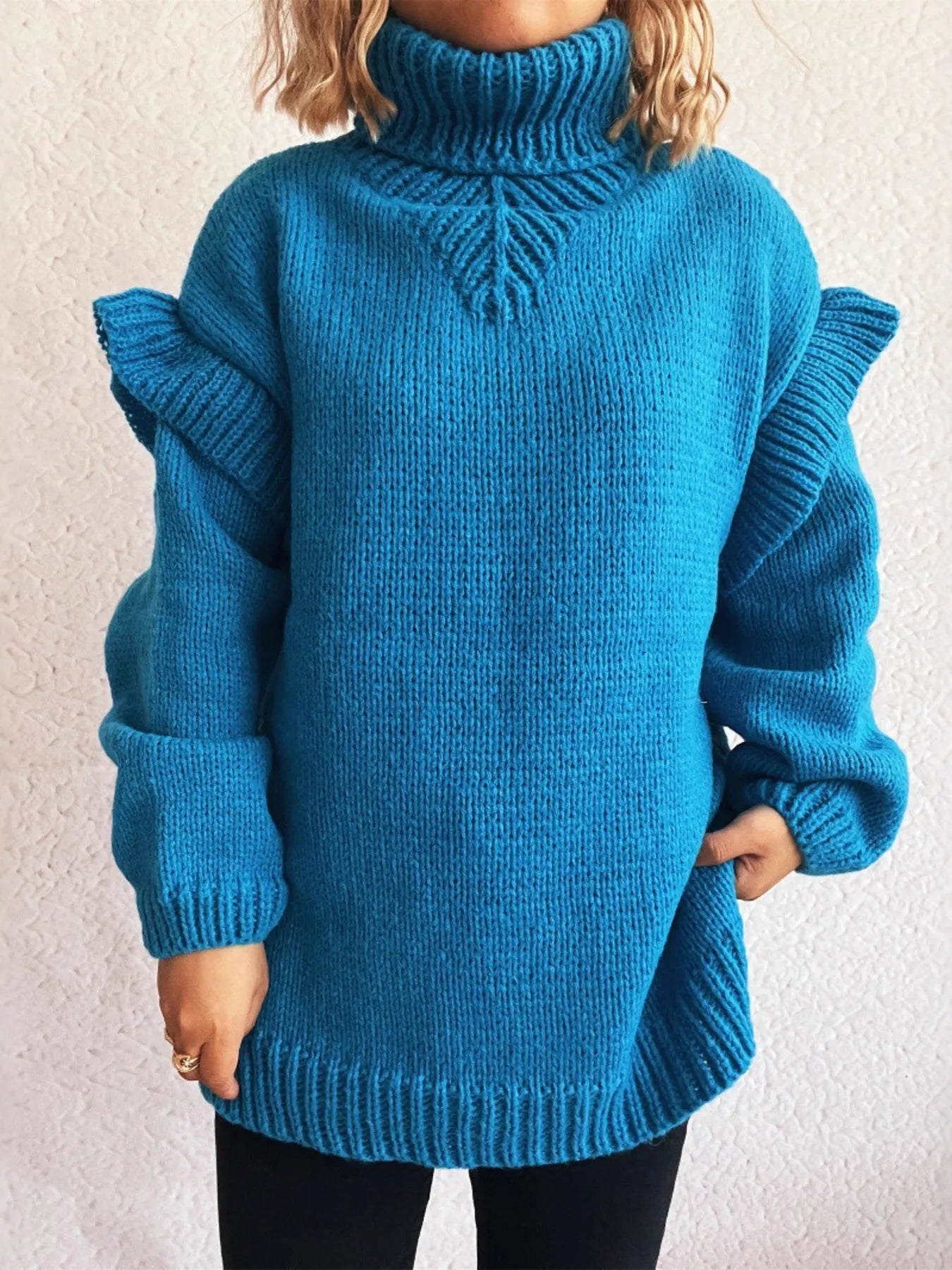 Women Ruffled Turtleneck Long Sleeve Sweater