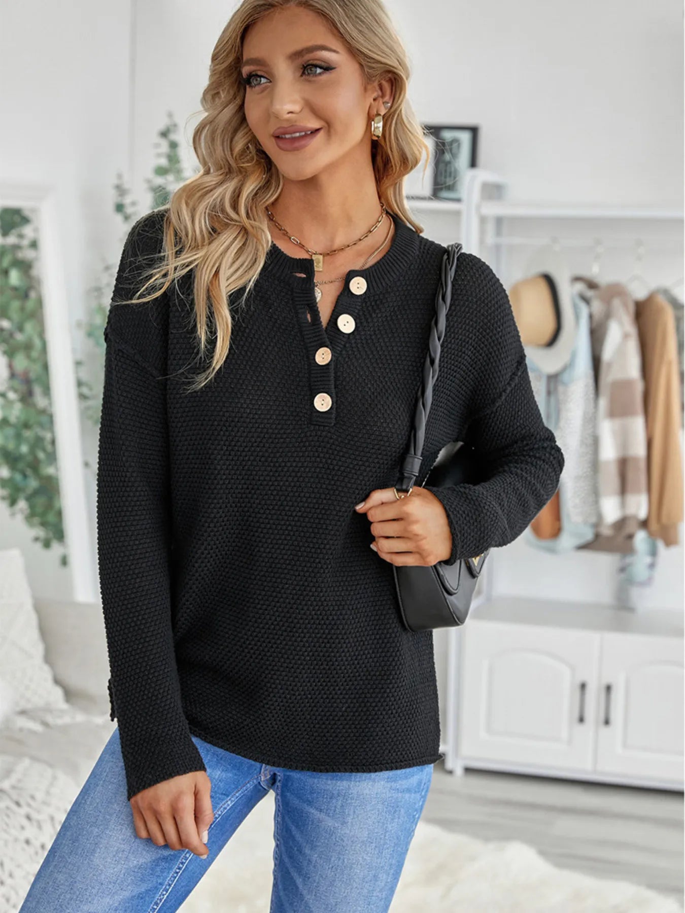 Women Button Detail Long Sleeve Knit Top