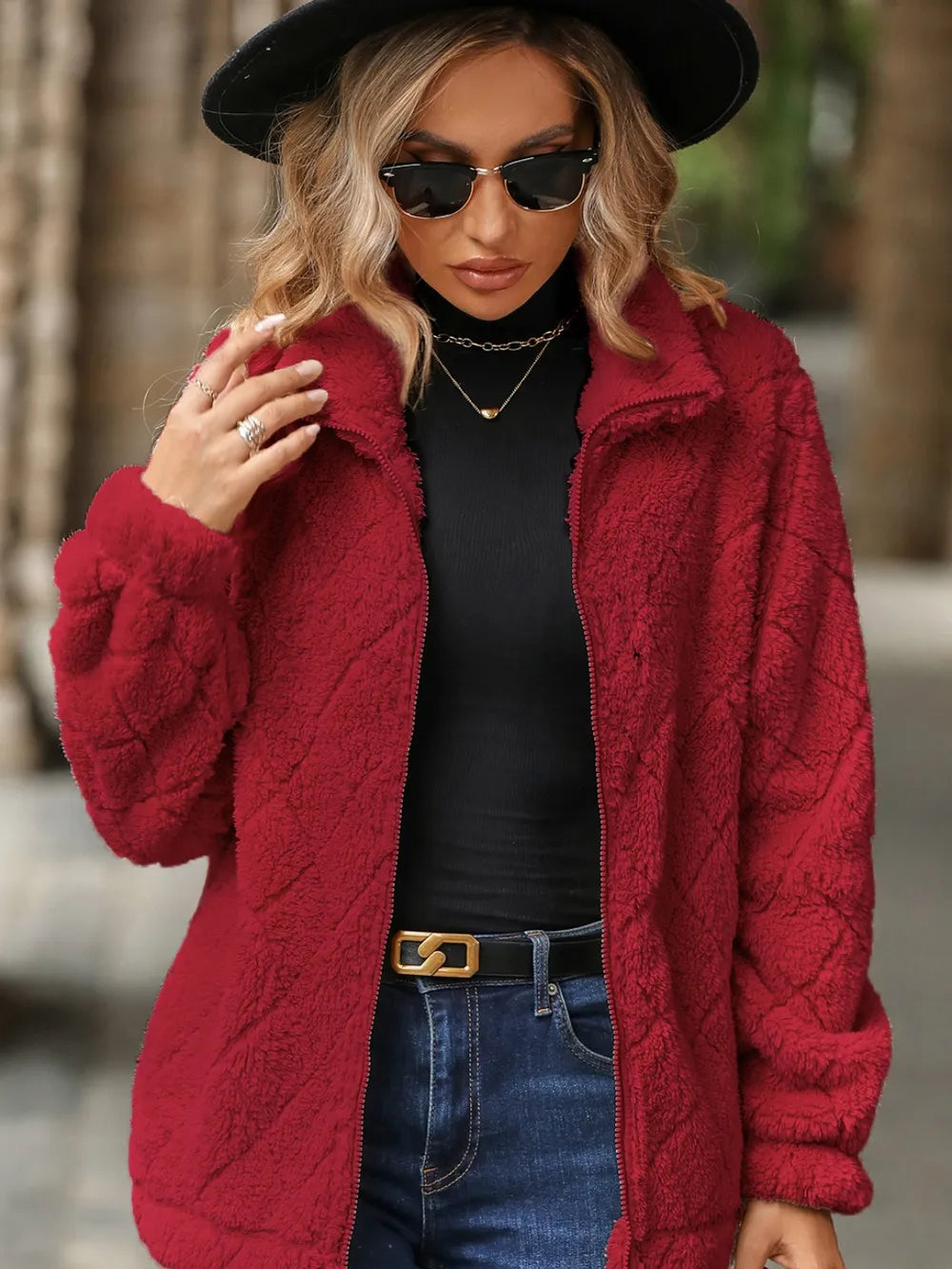Fuzzy Pocketed Zip Up Jacket nicholesgifts