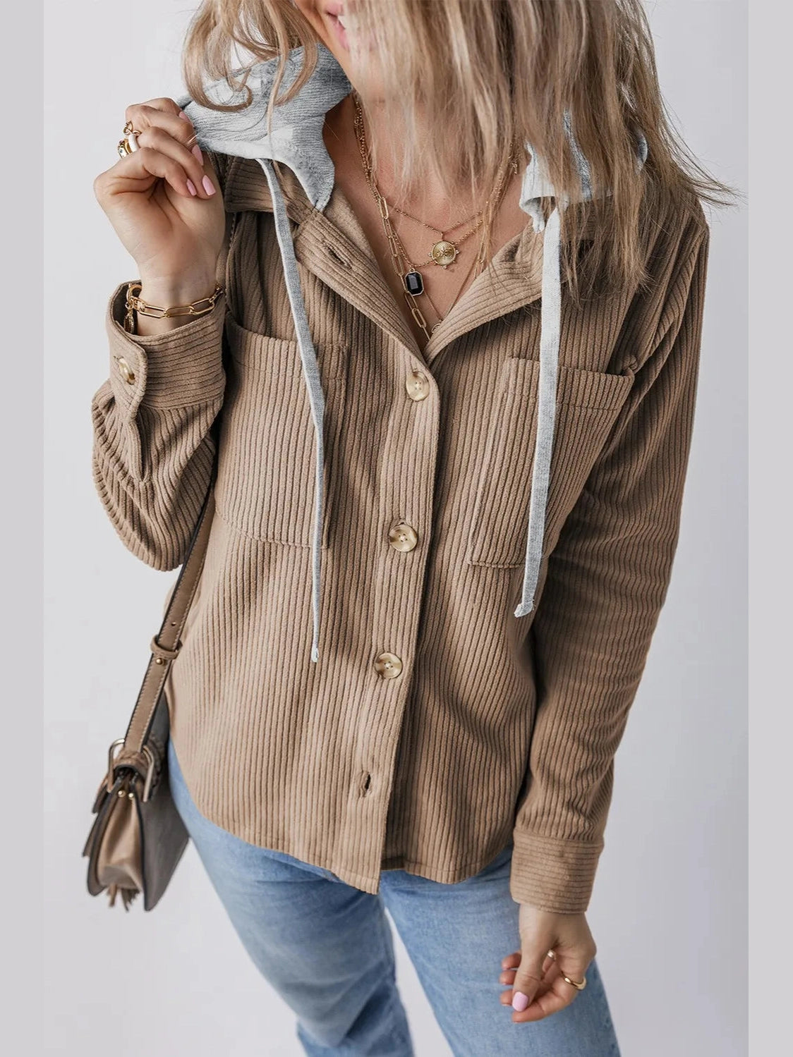 Drawstring Button Up Long Sleeve Hooded Jacket nicholesgifts