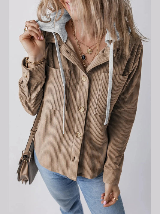 Drawstring Button Up Long Sleeve Hooded Jacket nicholesgifts