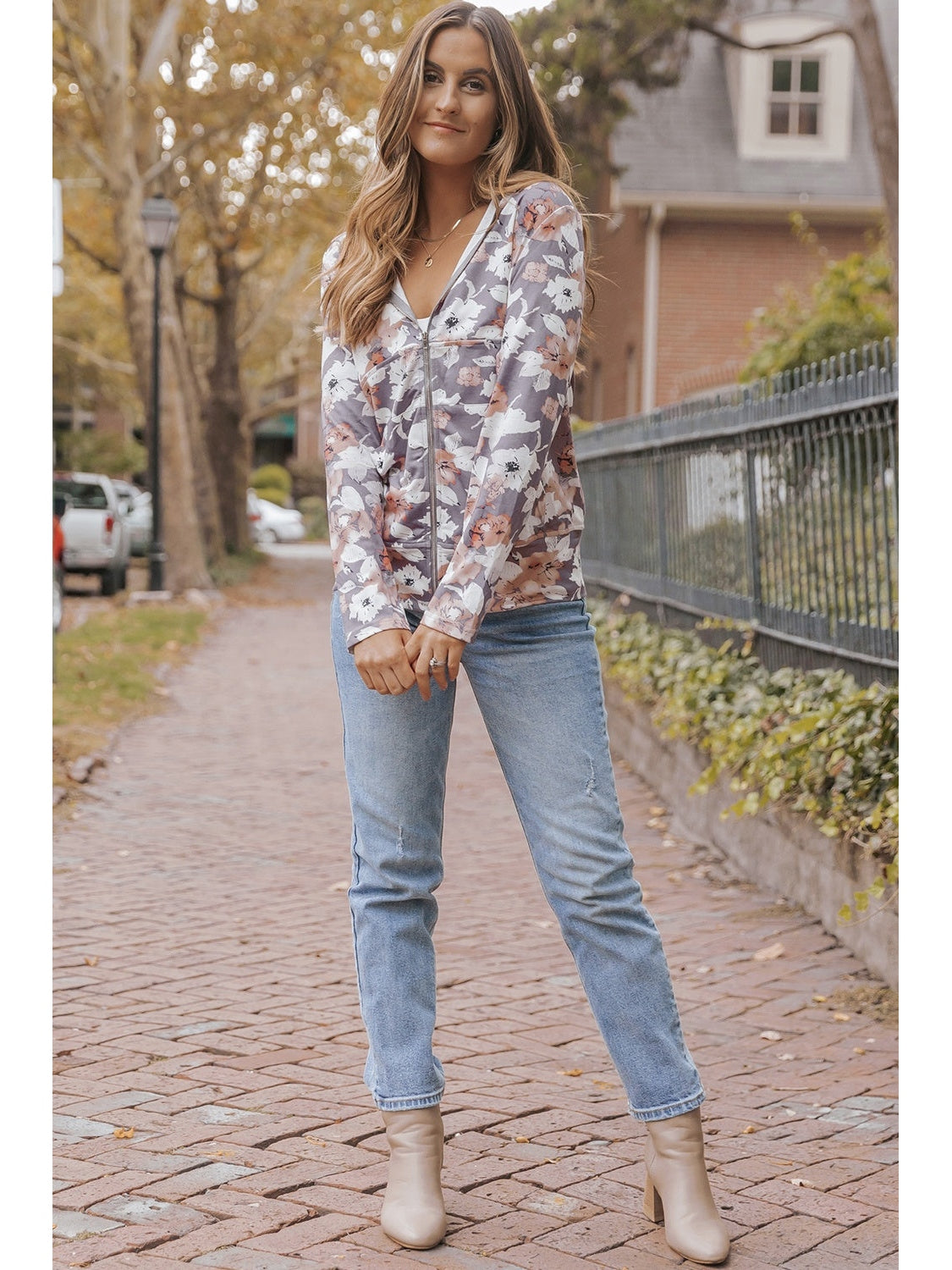 NicholesGifts Women Floral Zip Up Pocketed Hoodie NicholesGifts