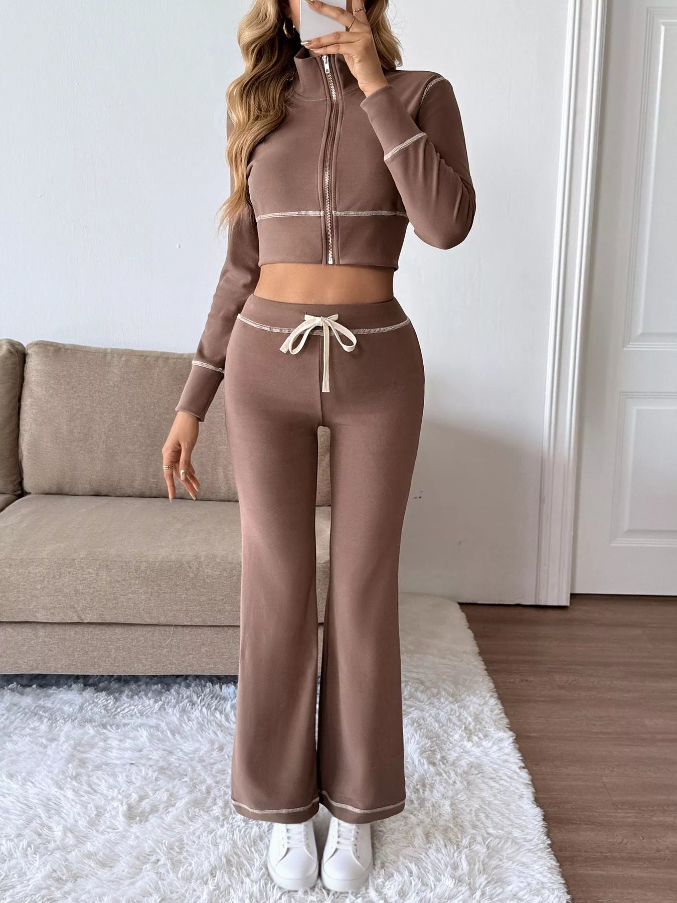 Zip Up Long Sleeve Top and Pants Set Trendsi