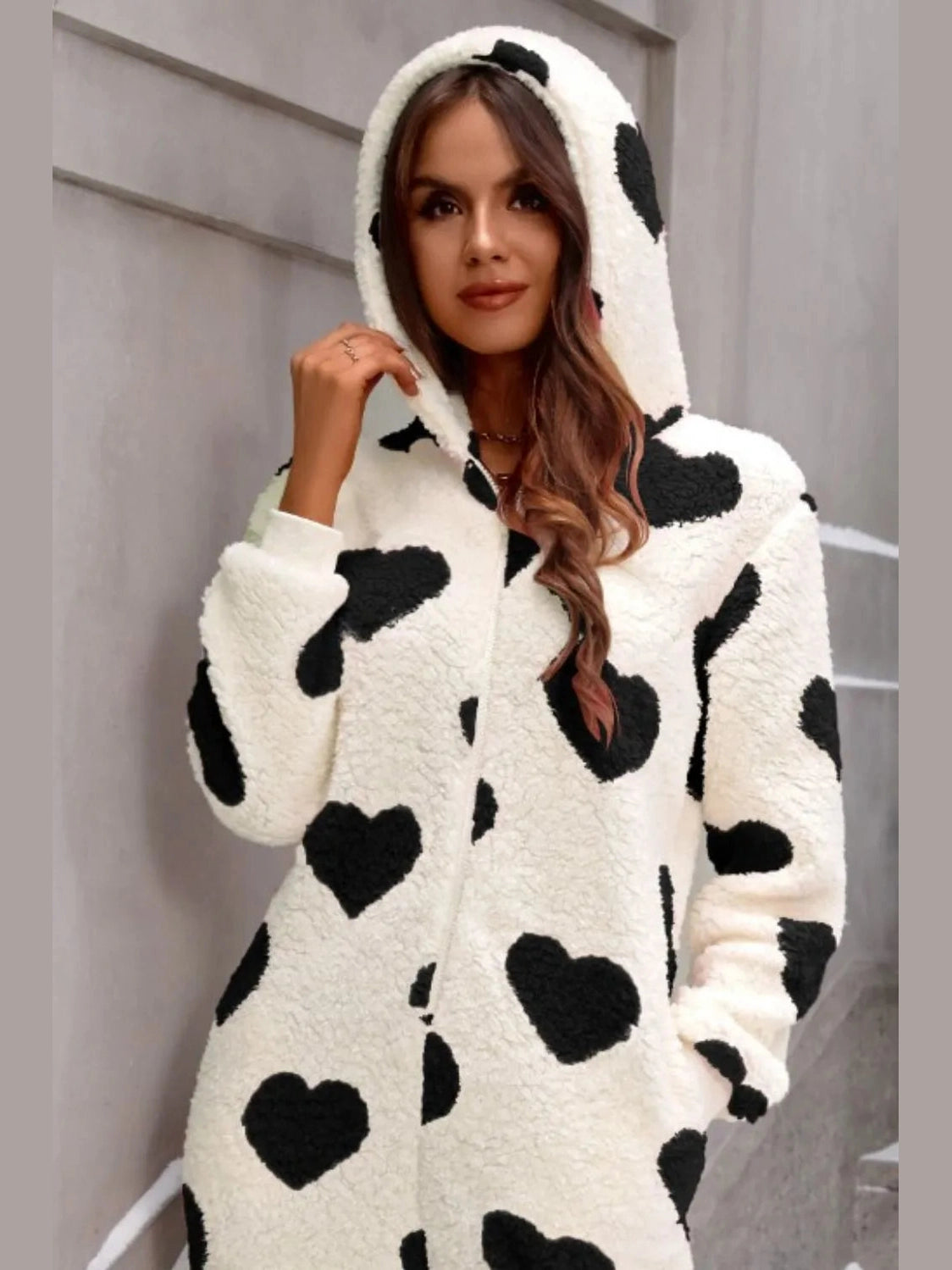 Fuzzy Heart Zip Up Hooded Lounge Jumpsuit nicholesgifts