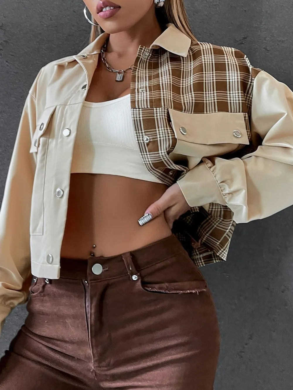 Snap Down Color Block Plaid Jacket Trendsi