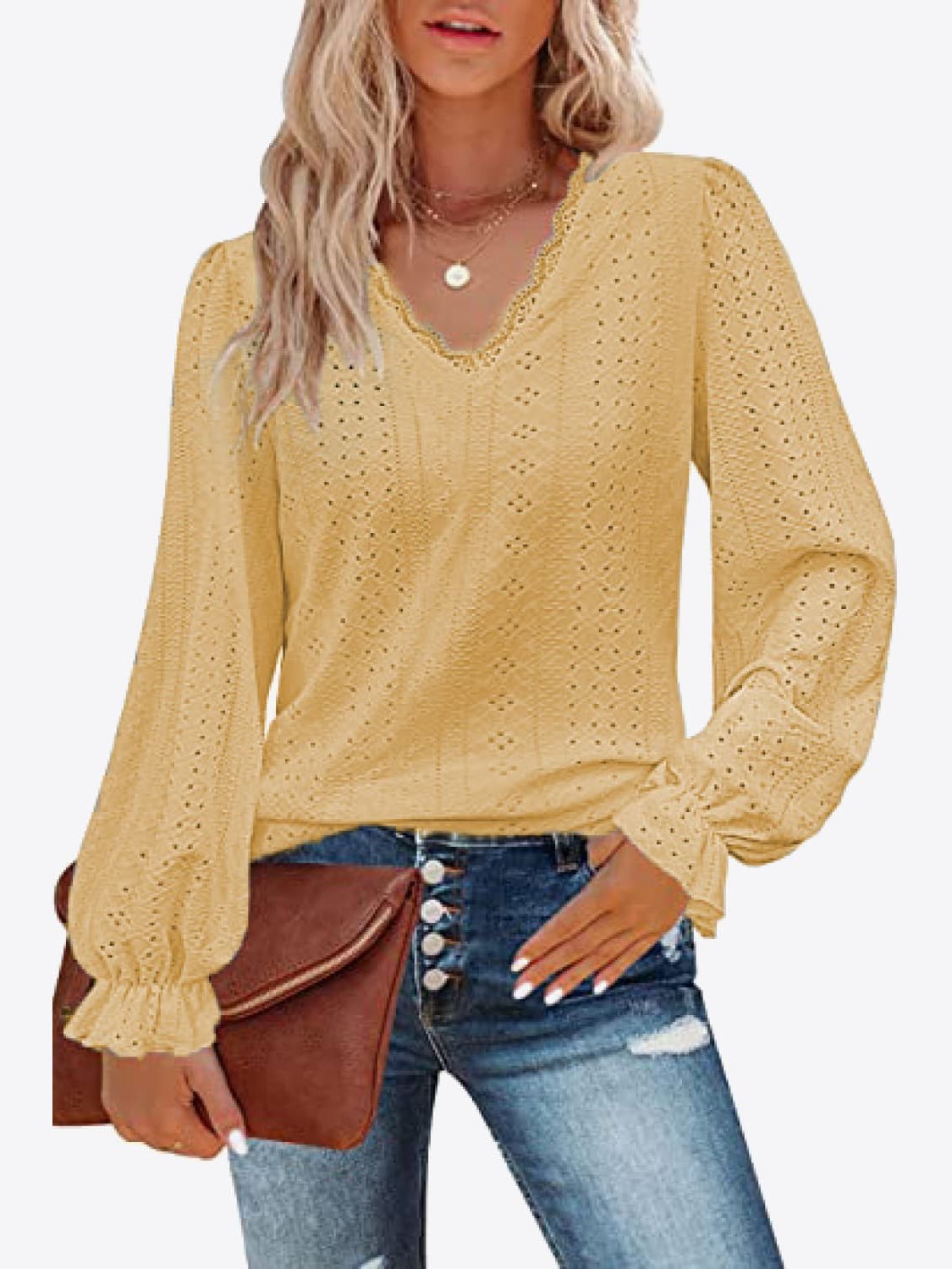 Eyelet V-Neck Flounce Sleeve Blouse