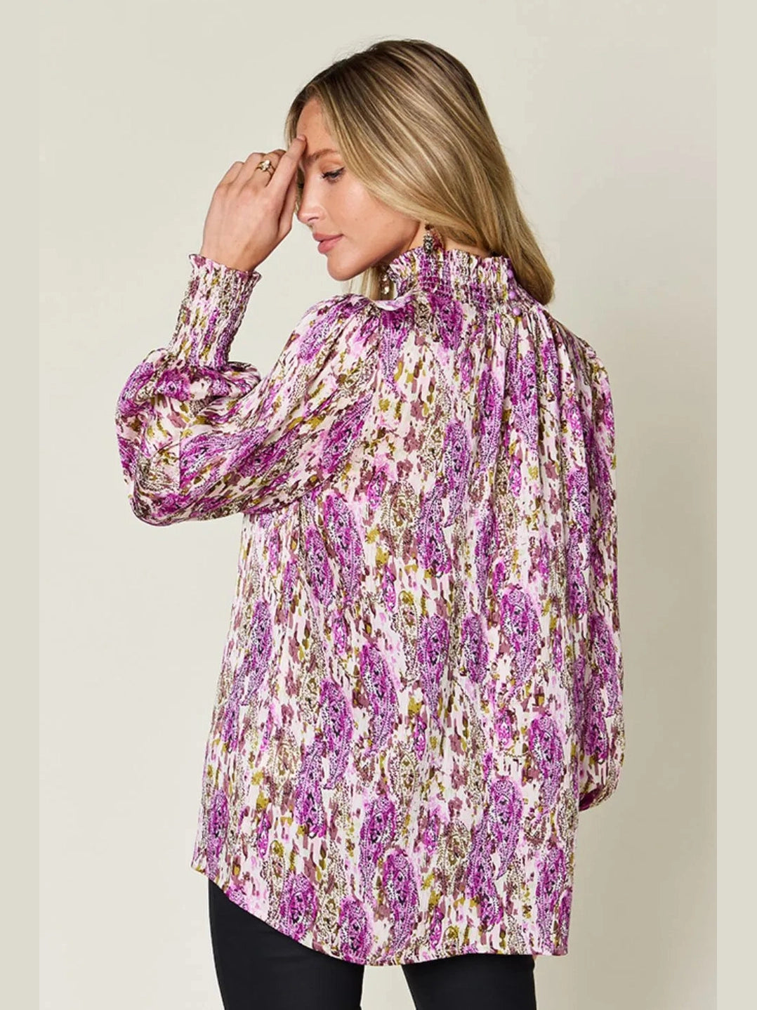 Double Take Full Size Printed Smocked Long Sleeve Blouse nicholesgifts