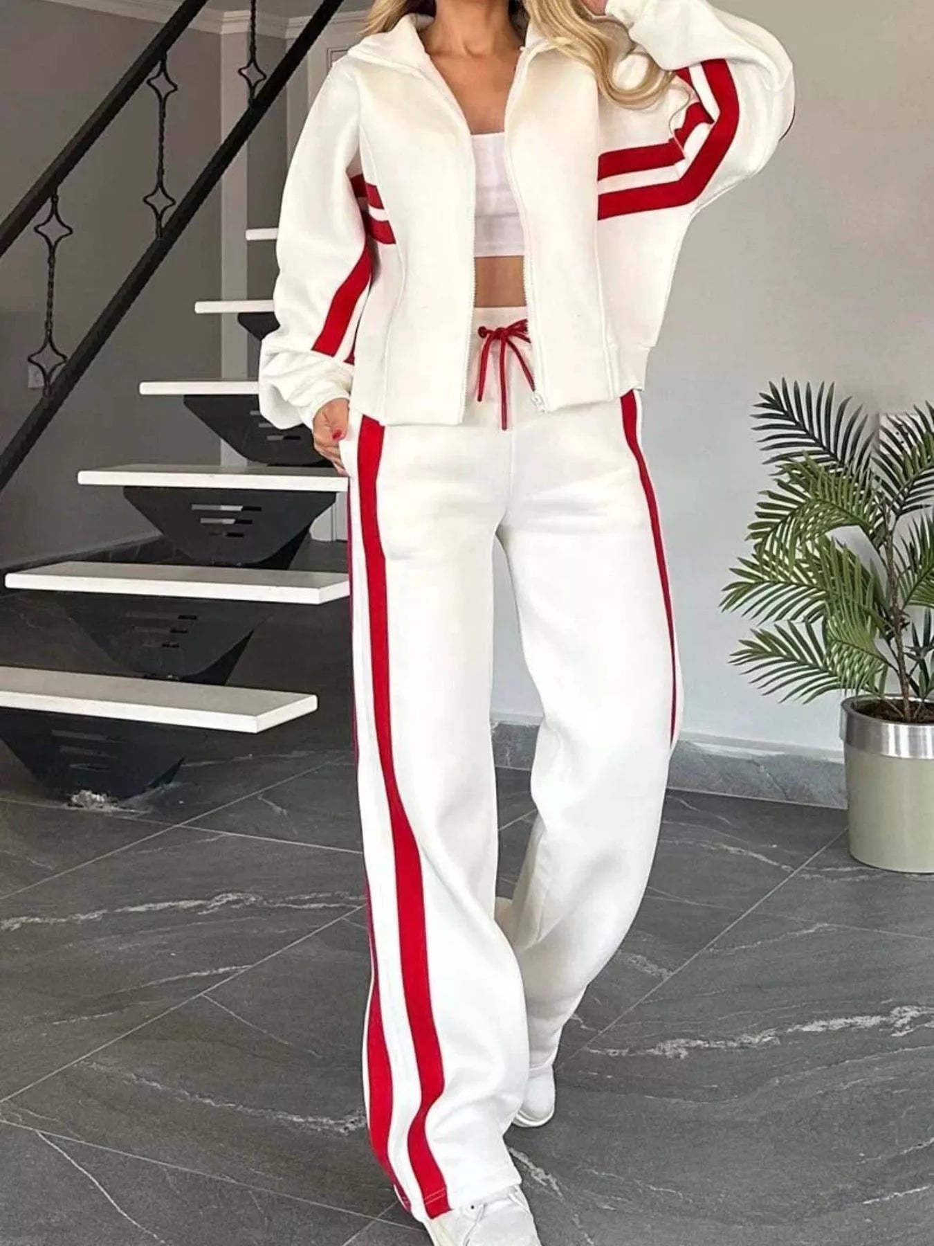 Full Size Contrast Stripe Zip Up Jacket and Pants Set Plus Size nicholesgifts