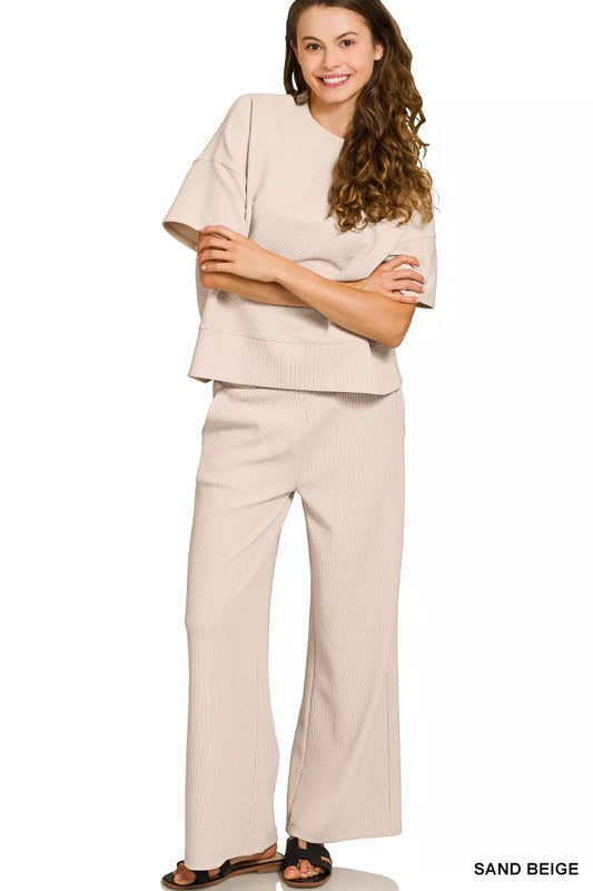 Zenana Ribbed Round Neck Tee & Pants Set Trendsi