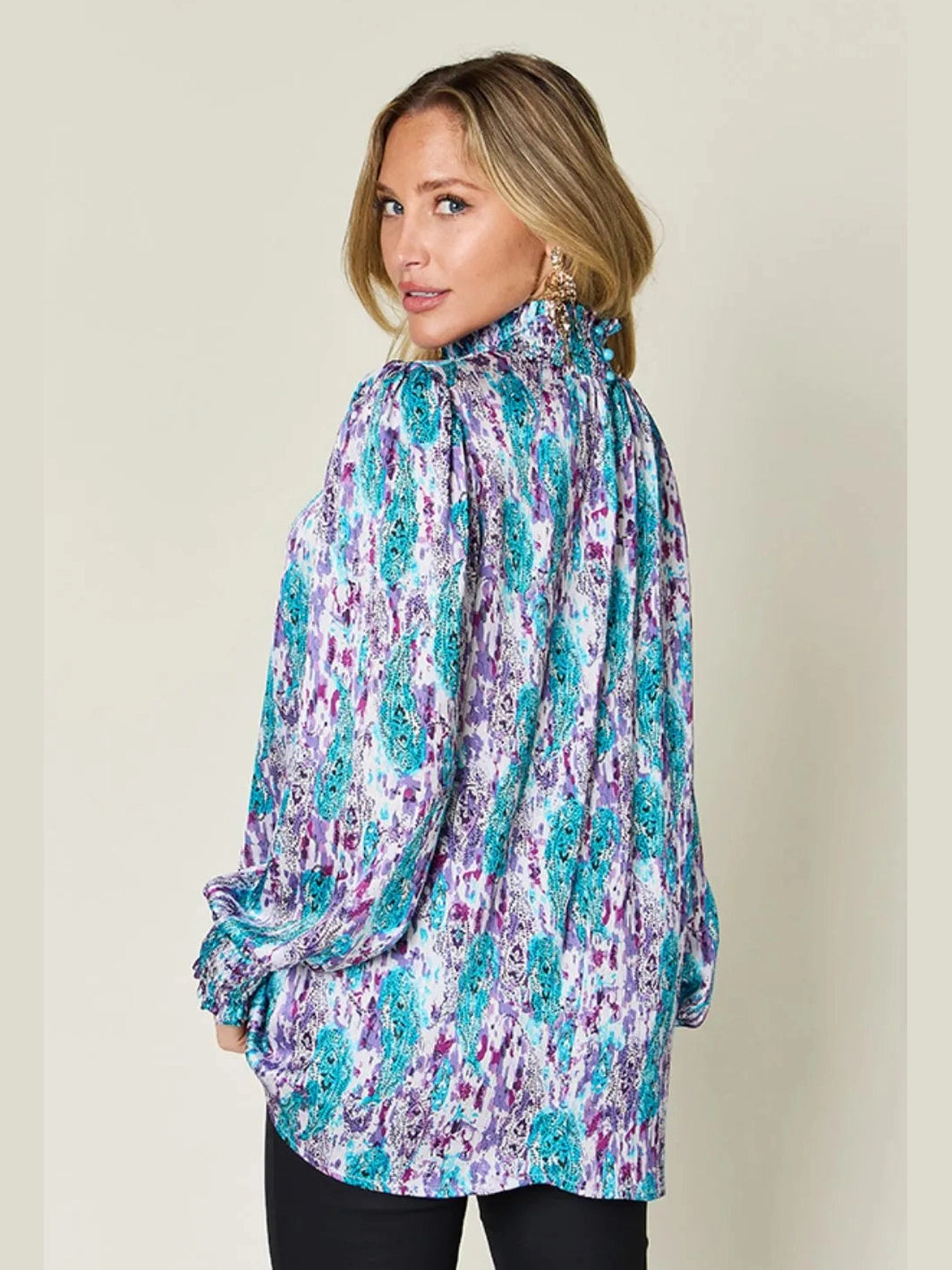 Double Take Full Size Printed Smocked Long Sleeve Blouse nicholesgifts