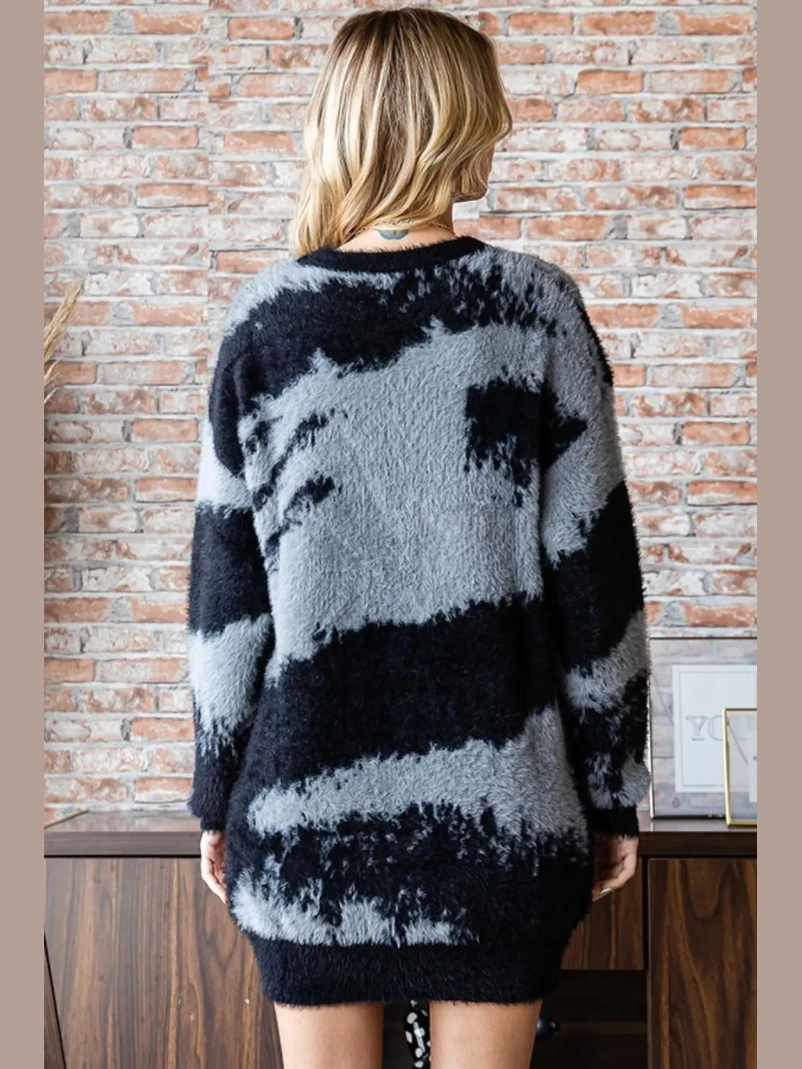 First Love Full Size Abstract Pattern Contrast Feather Yarn Sweater Trendsi