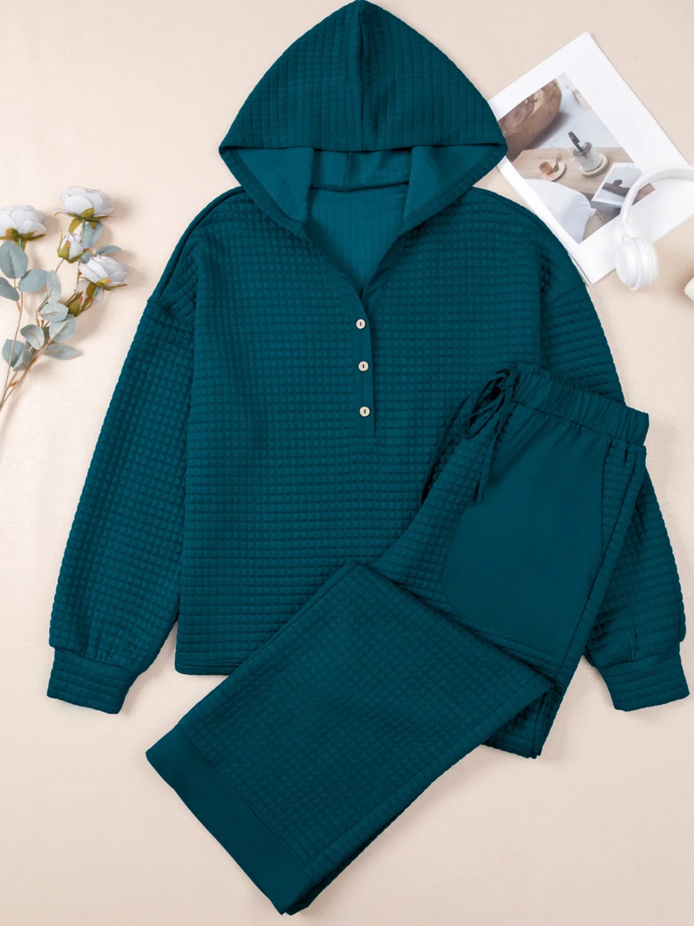 Waffled Textured Raw Edge Patchwork Top and Pants 2pcs Set nicholesgifts