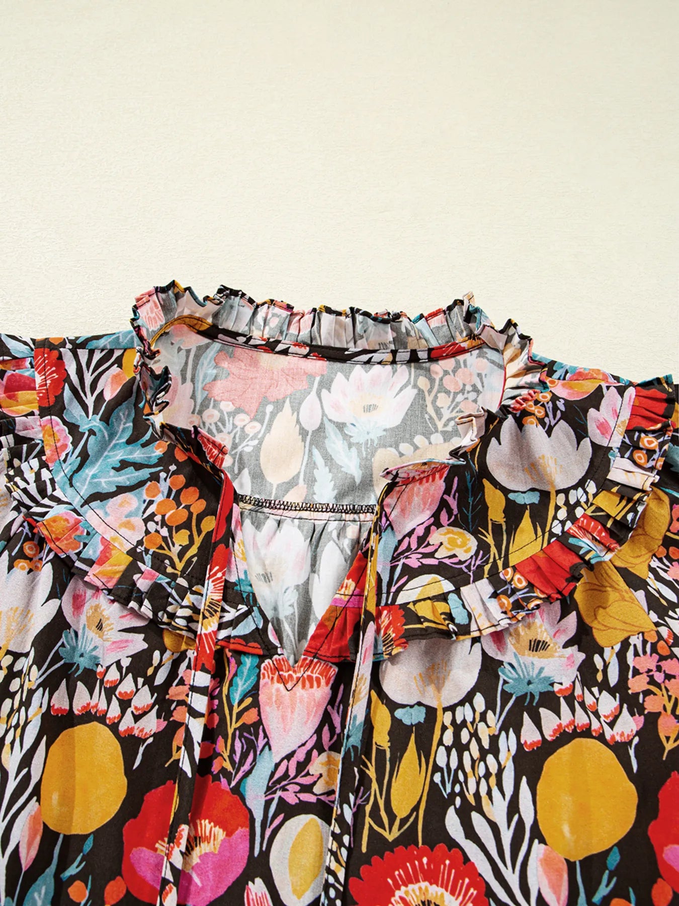 Floral 3/4 Puff Sleeve Tied Neck Blouse