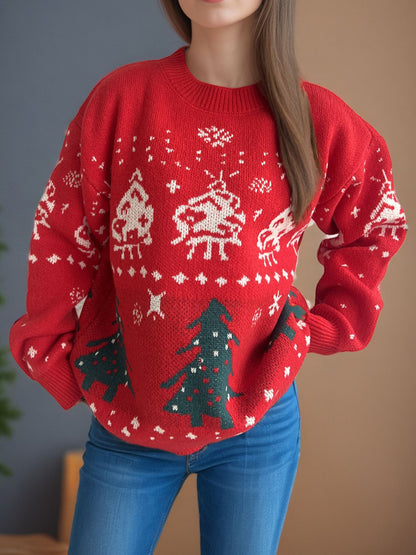 Christmas Element Round Neck Long Sleeve Sweater nicholesgifts