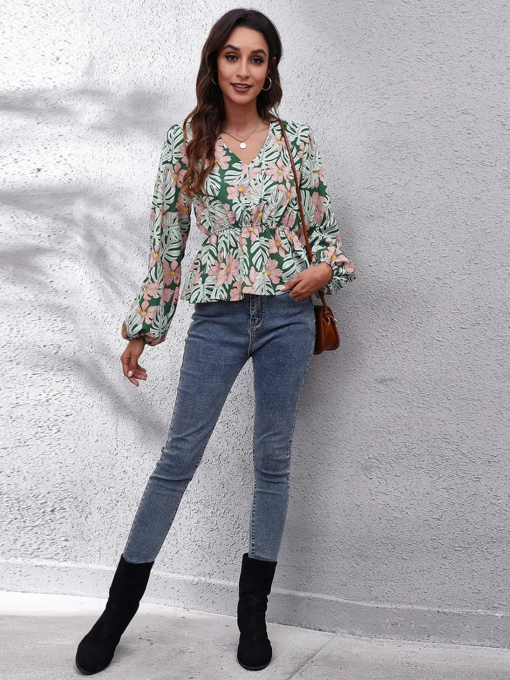 Floral V-Neck Balloon Sleeve Peplum Blouse nicholesgifts