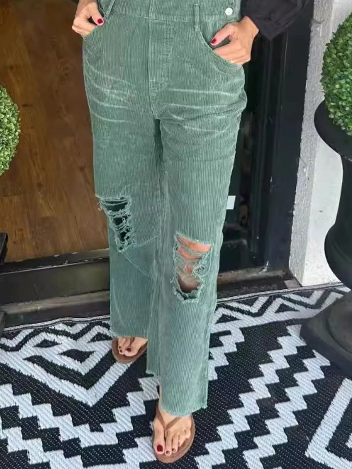 Distressed Wide Leg Corduroy Overalls nicholesgifts