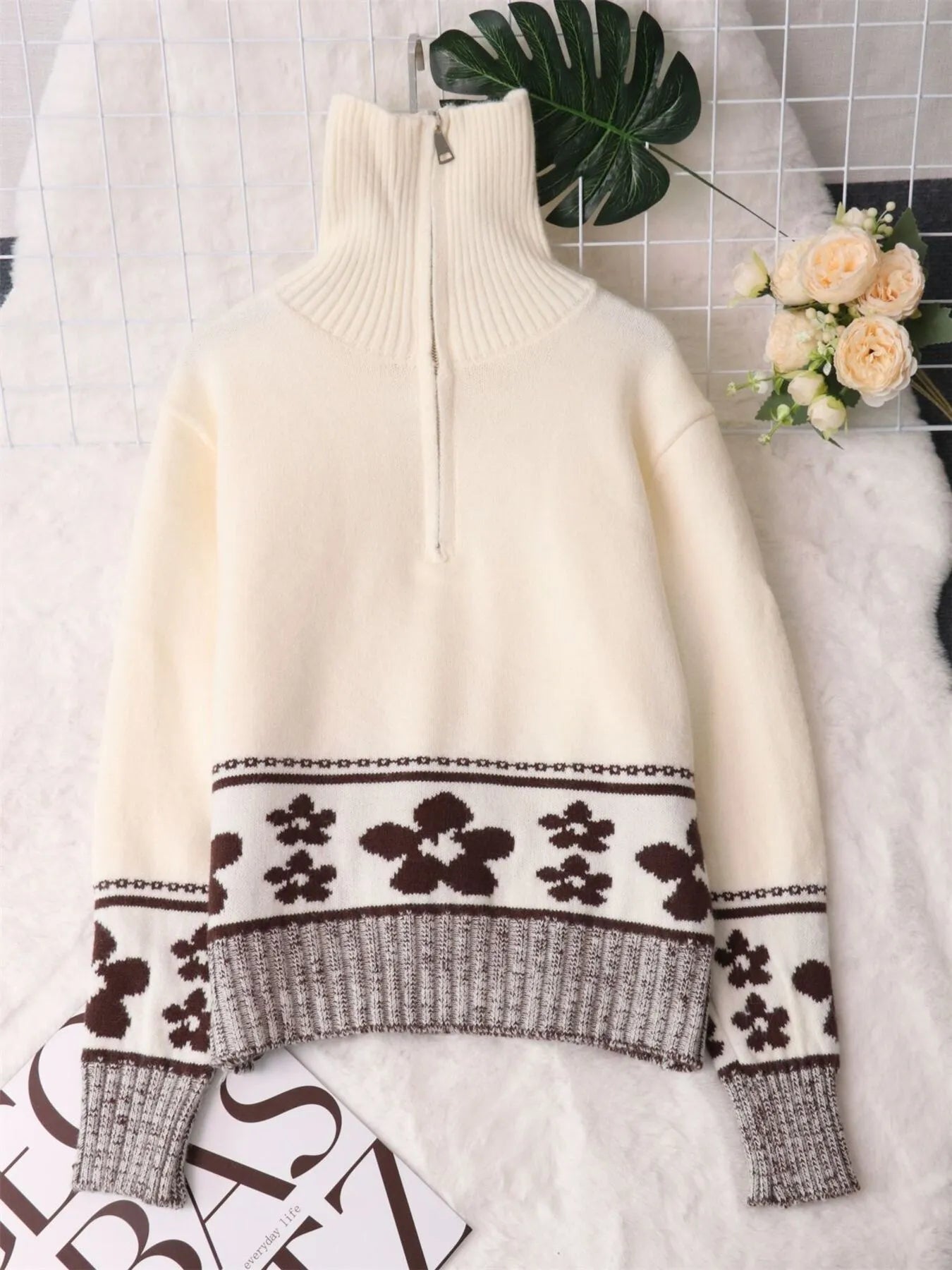 Flower Zip Collar Long Sleeve Sweater