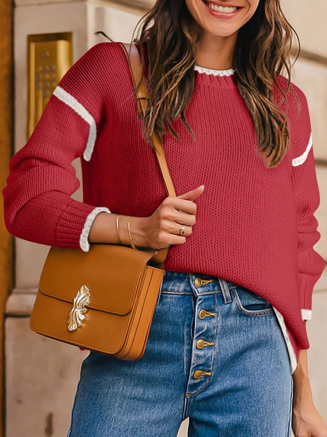 Contrast Trim Long Sleeve Sweater Trendsi