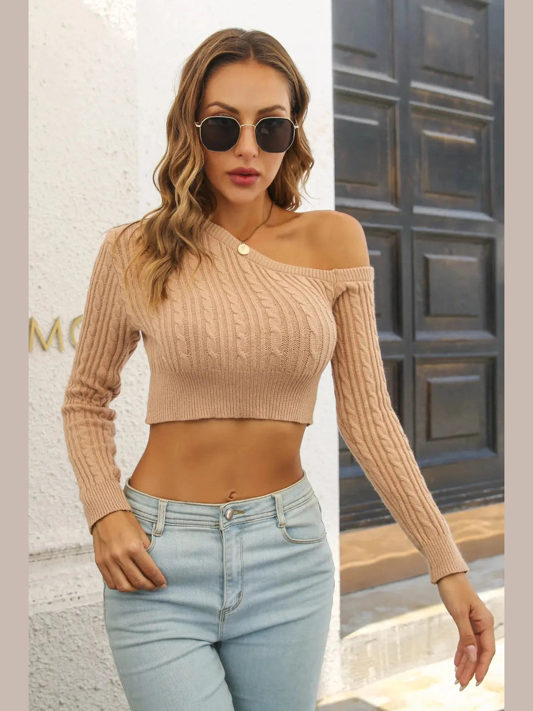Cable-Knit One Shoulder Long Sleeve Sweater Trendsi