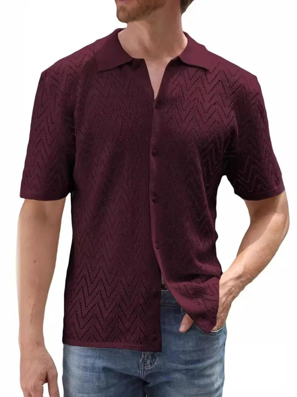 Men's Full Size Openwork Button Down Short Sleeve Shirt Plus Size NicholesGifts