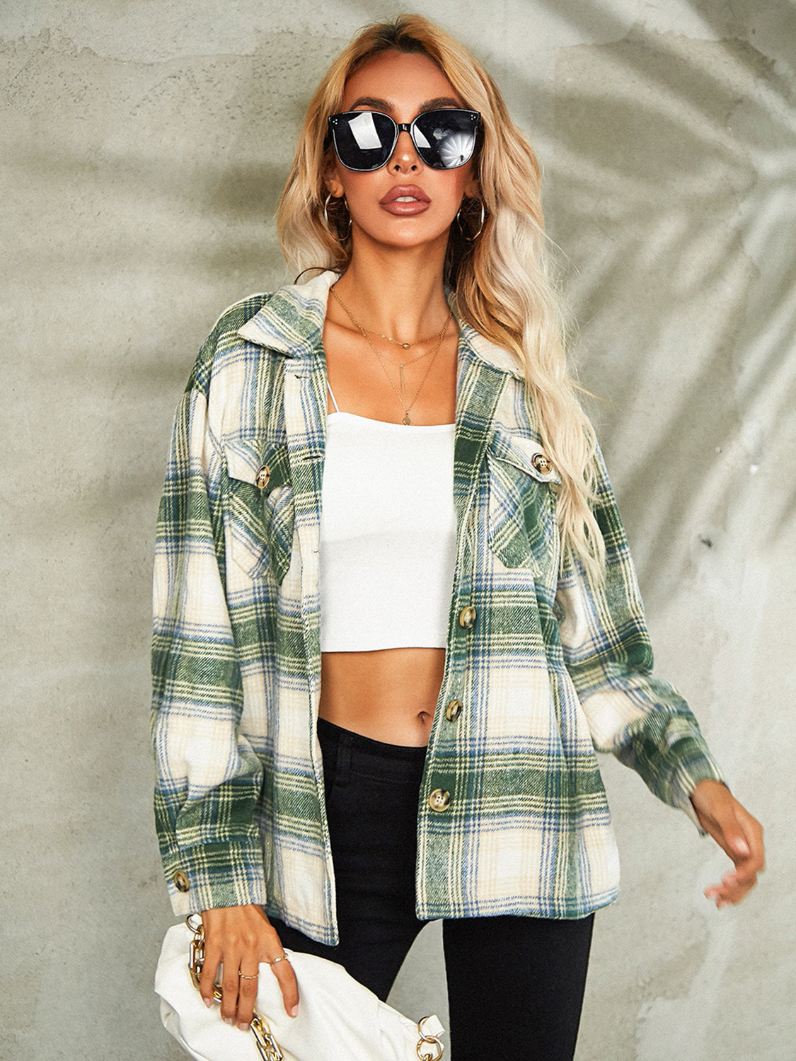 Plaid Button Down Collared Jacket nicholesgifts