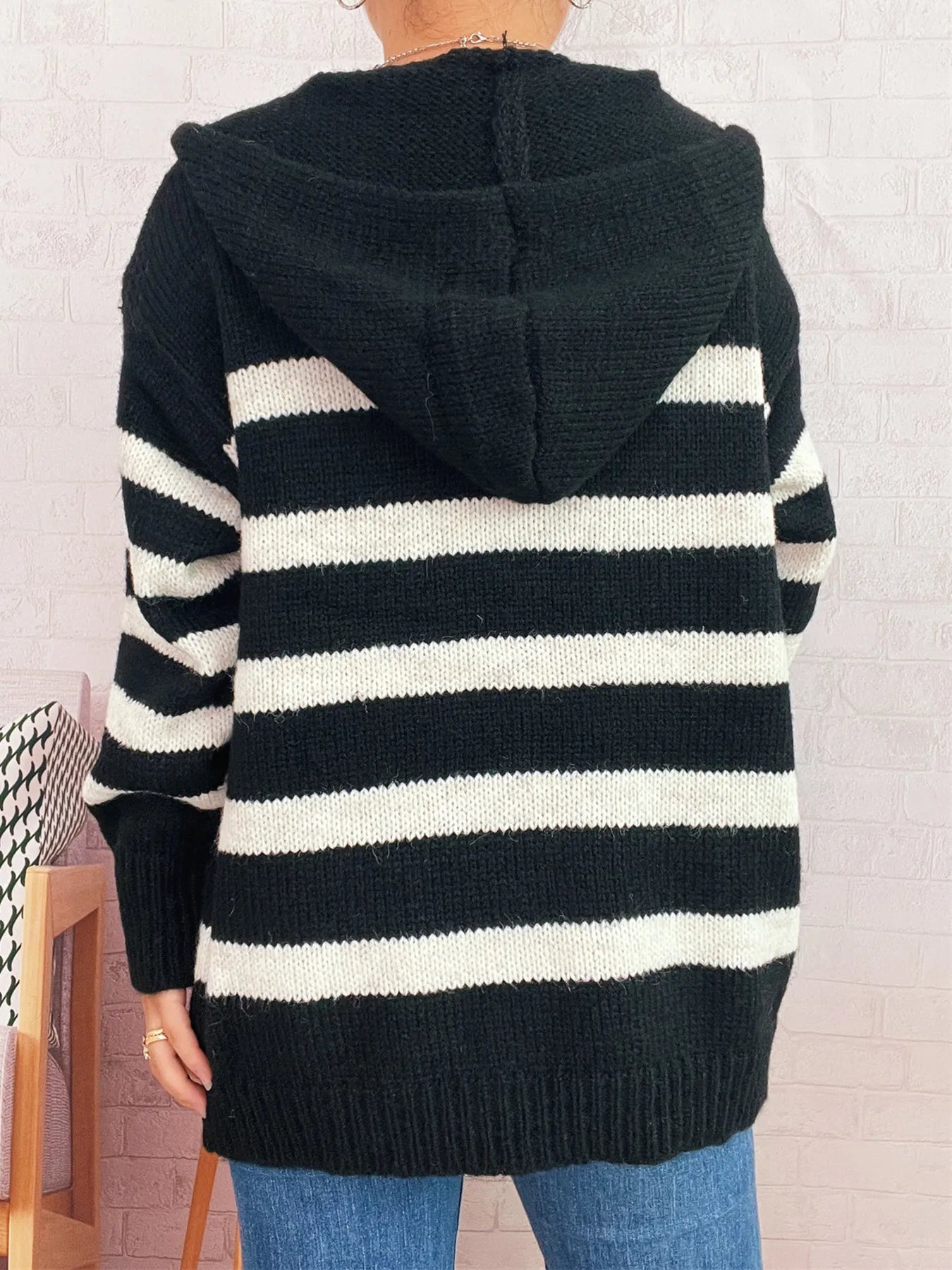 Striped Button-Up Hooded Cardigan
