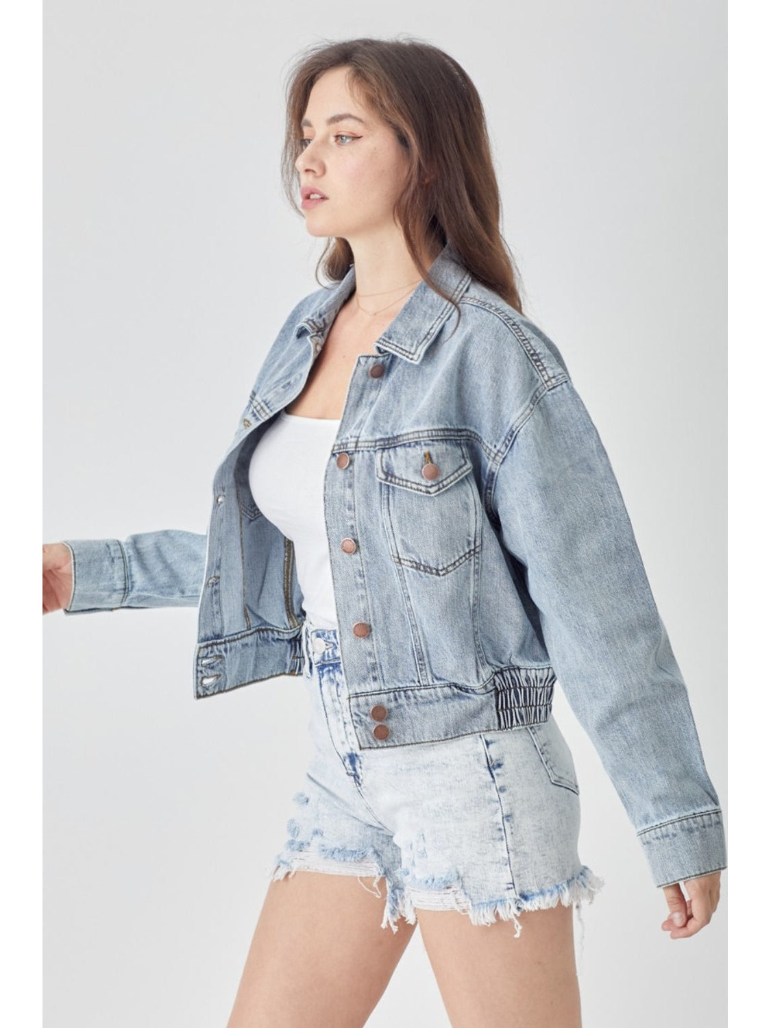 RISEN Full Size Button Down Cropped Denim Jacket nicholesgifts