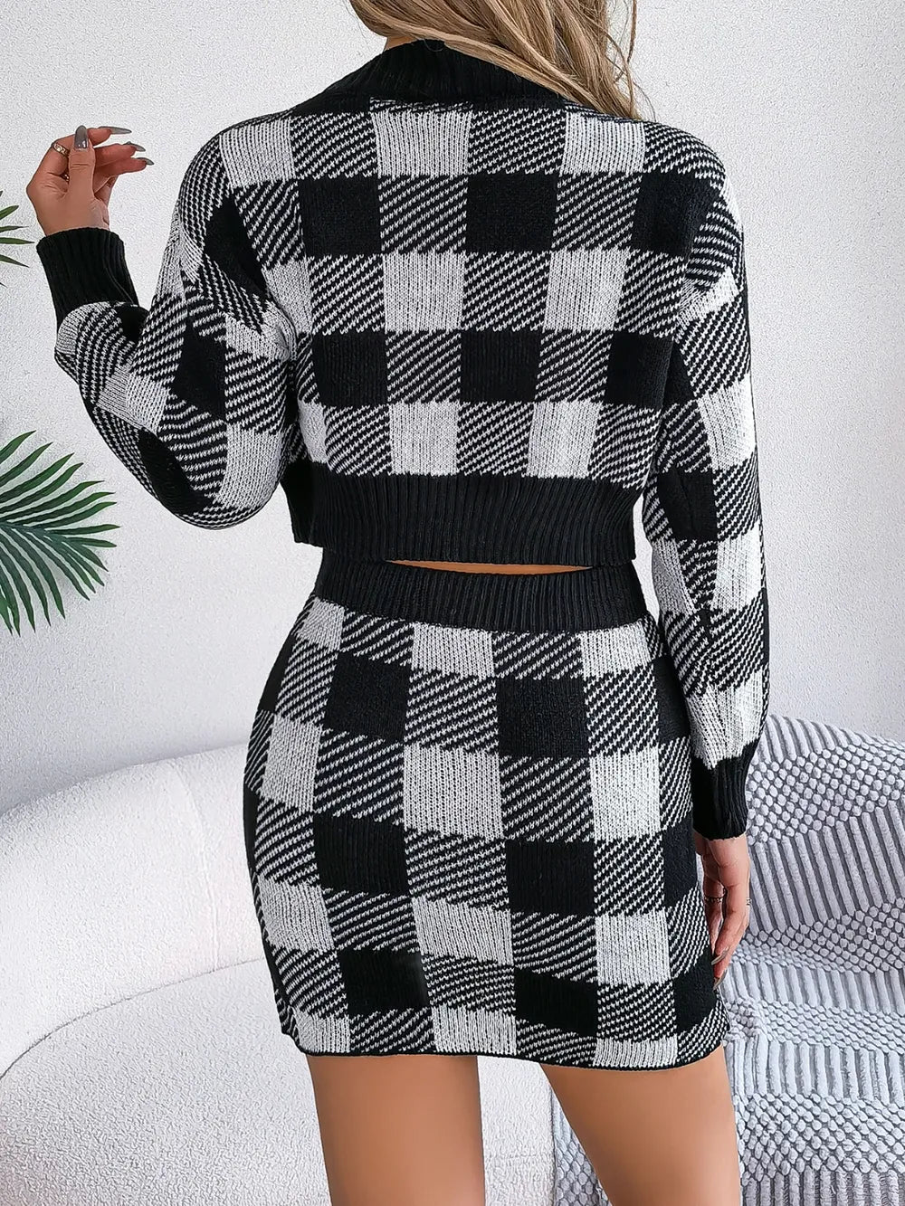 Plaid Round Neck Top and Skirt Sweater Set nicholesgifts