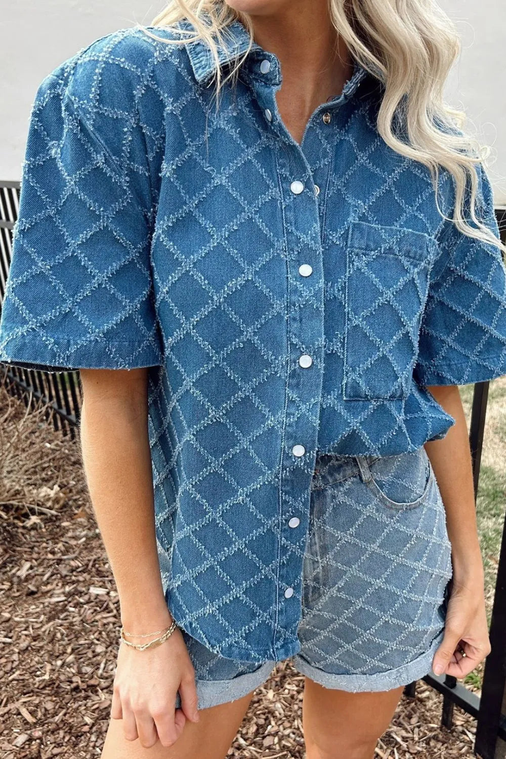 Pocketed Collared Neck Short Sleeve Denim Shirt Trendsi