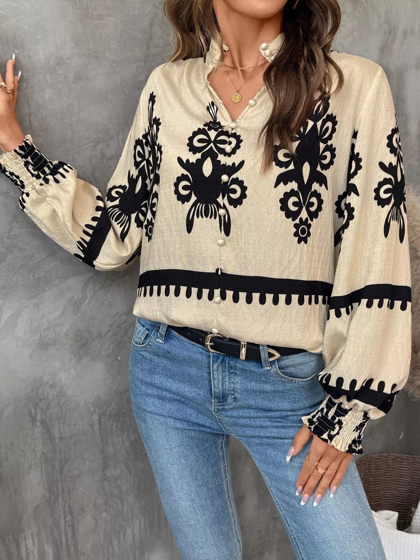 Printed Notched Lantern Sleeve Blouse NicholesGifts