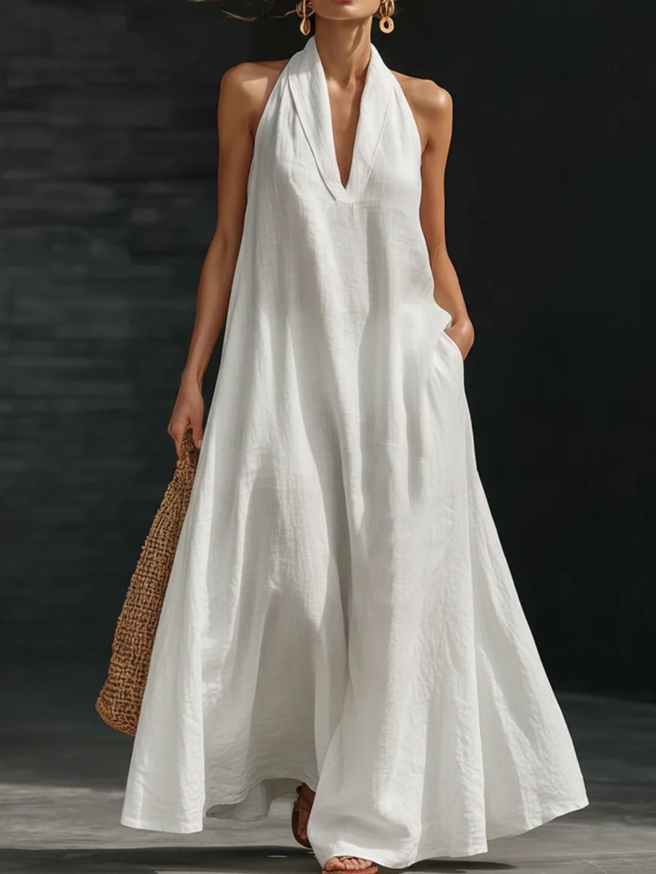Halter Neck Maxi Dress with Pockets nicholesgifts