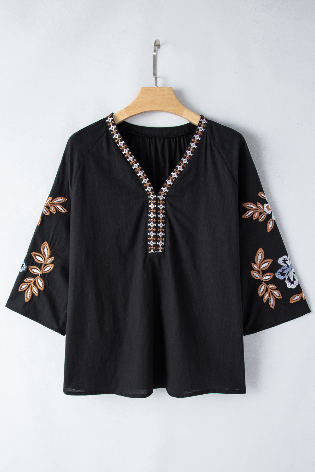 Embroidered V-Neck Three-Quarter Sleeve Blouse nicholesgifts