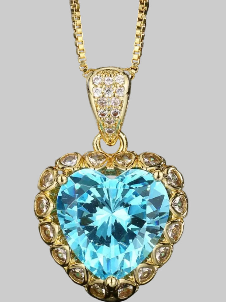 Women Heart-Shaped Aquamarine Pendant Necklace nicholesgifts