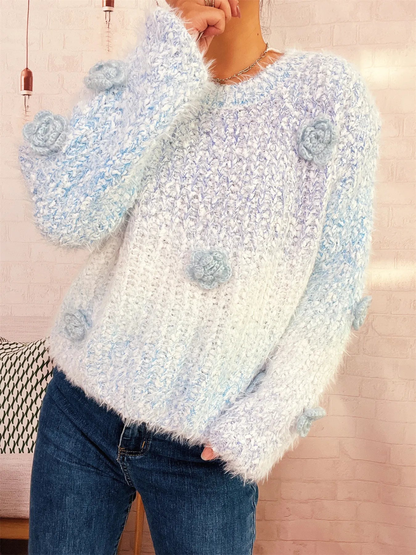 Flower Embellished Round Neck Sweater