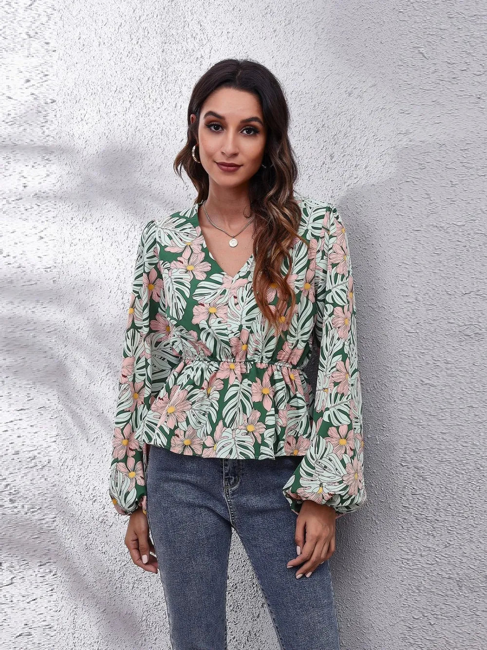 Ruched Printed V-Neck Long Sleeve Blouse nicholesgifts