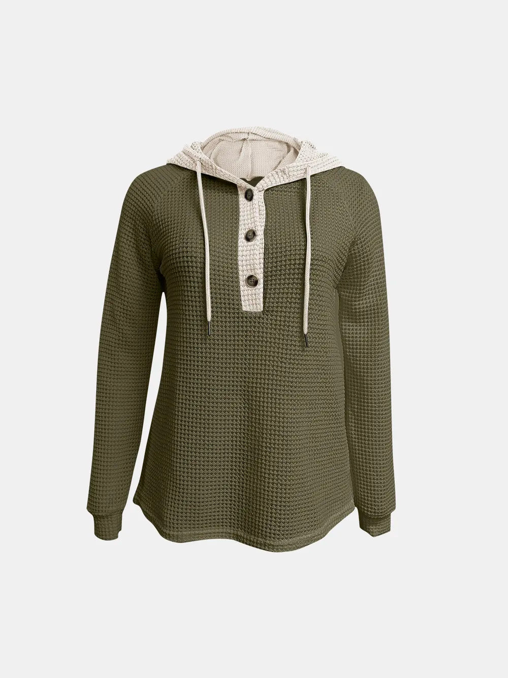 Full Size Waffle-Knit Contrast Long Sleeve Hoodie Trendsi