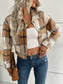 Women Perfee Plaid Button Up Drop Shoulder Cropped Jacket nicholesgifts